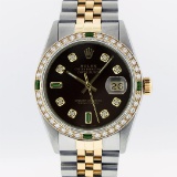Rolex Mens 2 Tone Brown Diamond & Emerald Oyster Perpetual Datejust Wristwatch