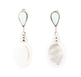 0.60 ctw Opal and Baroque Pearl Earrings - 18KT White Gold