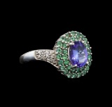 14KT White Gold 1.53 ctw Tanzanite, Emerald and Diamond Ring