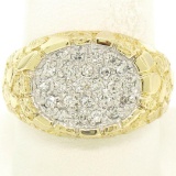 NEW Mens 14K Two Tone Gold Nugget Texture .60 ctw Oval Round Diamond Cluster Rin