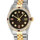 Rolex Mens 2T Brown Diamond & Ruby 36MM Oyster Perpetual Datejust