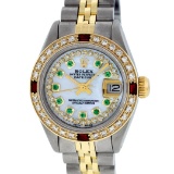 Rolex Ladies 2T MOP Emerald & Ruby Diamond Oyster Perpetual Datejust Wriswatch