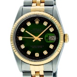 Rolex Mens 2 Tone Green Vignette Diamond 36MM Datejust Wriswatch