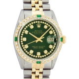 Rolex Mens 2 Tone Green String Diamond & Emerald Datejust Wristwatch