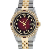 Rolex Mens 2 Tone Lugs Red Vignette Diamond String & Ruby Datejust Wristwatch