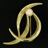 14k Solid Yellow Gold German 5.9mm Round Cultured Pearl Textured Bird Brooch Pin