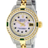 Rolex Ladies 2 Tone MOP Sapphire & Diamond, Emerald Datejust Wristwatch 26MM