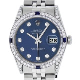 Rolex Mens SS Blue Diamond Lugs & Sapphire Oyster Perpetaul Datejust 36MM