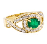 1.35 ctw Oval Mixed Emerald And Round Brilliant Cut Diamond Ring - 14KT Yellow G