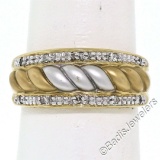 14kt Yellow and White Gold Dual Row Diamond and Matte Ribbed Dome Band Ring