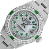 Rolex Ladies Stainless Steel MOP Emerald & Diamond Oyster Perpetaul Datejust Wri