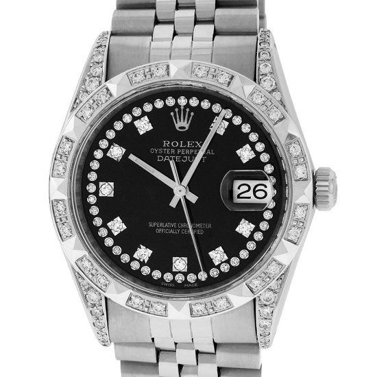 Rolex Mens Stainless Steel Black Diamond Lugs & Pyramid Bezel Datejust Wristwatc