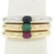 14K Tri Color Gold 3 Stackable Tension Set Emerald Sapphire Ruby Solitaire Rings