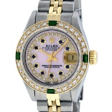 Rolex Ladies 2 Tone Pink MOP Sapphire & Emerald 26MM Oyster Datejust Wriswatch