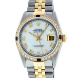 Rolex Mens 2 Tone Mother Of Pearl Diamond & Sapphire 36MM Datejust Wristwatch