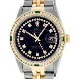 Rolex Mens 2 Tone Black String Diamond & Emerald 36MM Datejust Wristwatch