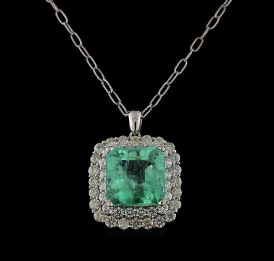 18.09 ctw Emerald and Diamond Pendant With Chain - 14KT White Gold
