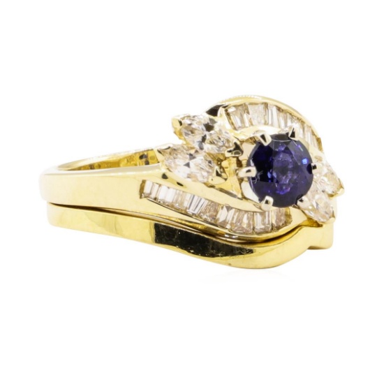 1.44 ctw Blue Sapphire And Diamond Ring And Band - 14KT Yellow Gold