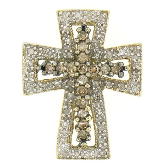 14k Two Tone Gold 1.00 ctw Champagne & White Diamond Petite Cross Slide Pendant