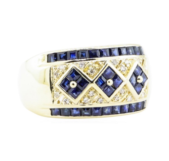 1.86 ctw Blue Sapphire And Diamond Wide Band - 14KT Yellow Gold