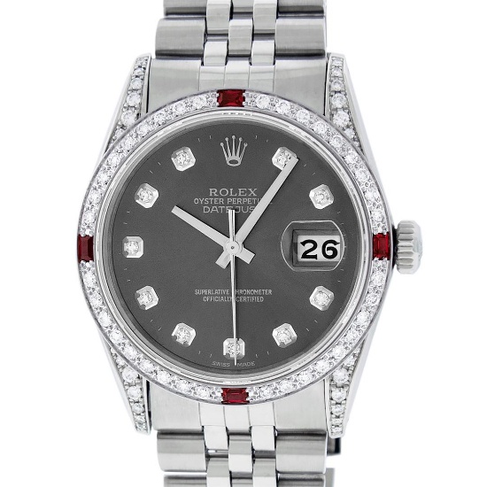 Rolex Mens Stainless Steel Diamond Lugs Rhodium Diamond & Ruby Datejust Wristwat