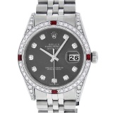 Rolex Mens Stainless Steel Diamond Lugs Rhodium Diamond & Ruby Datejust Wristwat
