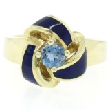 Vintage 14K Yellow Gold FINE Aquamarine & Blue Enamel Trinity Knot Cocktail Ring