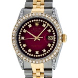 Rolex Mens 2 Tone Diamond Lugs Red Vignette Diamond 36MM Datejust Wristwatch