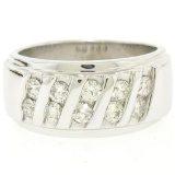 Men's 14k White Gold 1.00 ctw Round Diamond Diagonal Channel WIDE BOLD Band Ring