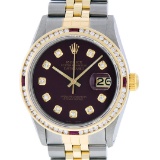 Rolex Mens 2 Tone Maroon & Ruby Channel Set Diamond Datejust Wristwatch