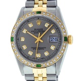 Rolex Mens 2 Tone Slate Grey & Emerald Diamond Datejust Wristwatch