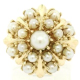 Estate 14k Yellow Gold 3 Tier 17 Pearl Snowflake Burst Cluster Cocktail Ring