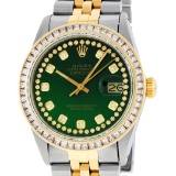 Rolex Mens 2 Tone Green Vignette Princess Cut Diamond Datejust Wristwatch