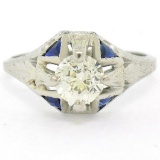 Antique Art Deco 20kt White Gold Diamond and Sapphire Engagement Ring