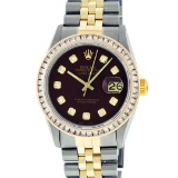 Rolex Mens 2 Tone Maroon Princess Cut Diamond Datejust Wristwatch With Rolex Box