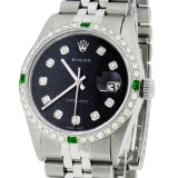 Rolex Mens Stainless Steel Black Diamond & Emerald Datejust Wristwatch 36MM