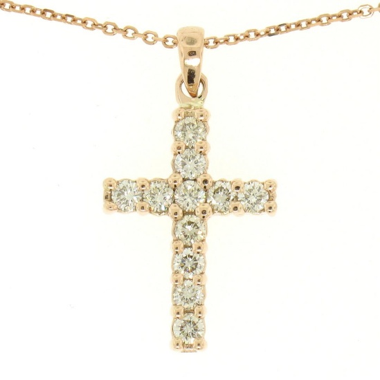 14k Rose Gold 0.75 ctw Round Brilliant Diamond Petite Cross Pendant w/ 16" Chain