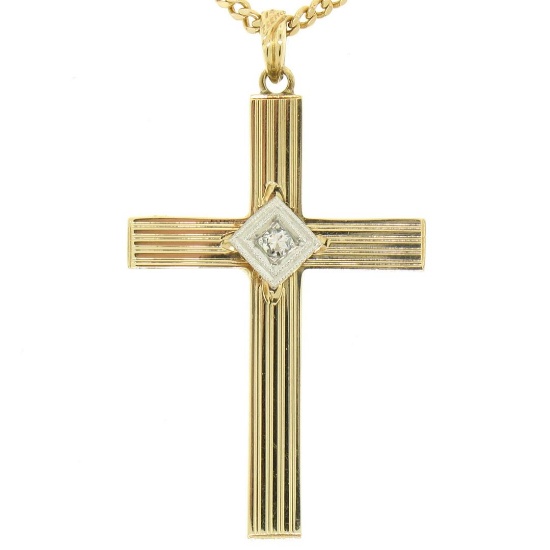 Antique Esemco 14kt Two Tone Gold Diamond Cross Pendant Necklace
