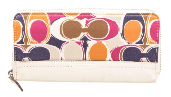 Coach White Multicolor Hand Drawn Scarf Print Canvas &amp; Leather Zippy Wallet