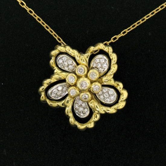 18k Yellow and White Gold 1.22 ctw Diamond Cluster Flower Pendant Necklace