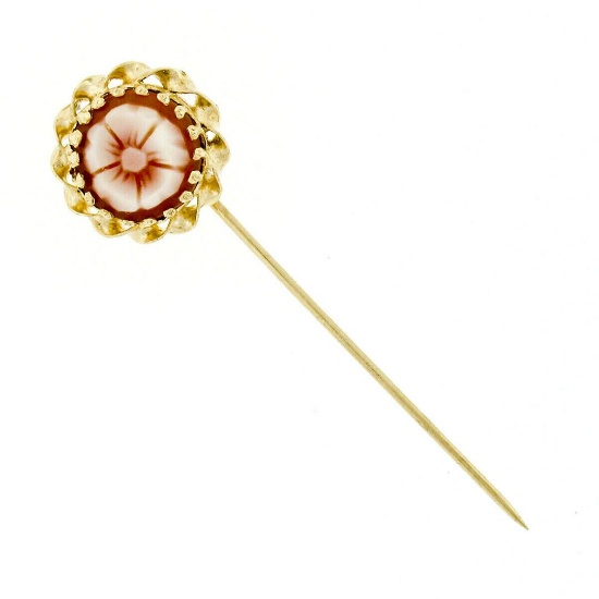 Vintage 14kt Yellow Gold Round Flower Carved Cameo Stick Pin