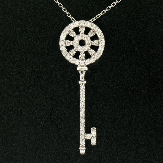 14K White Gold .45 ctw Round Brilliant Diamond Wheel Key Pendant & 16" Chain