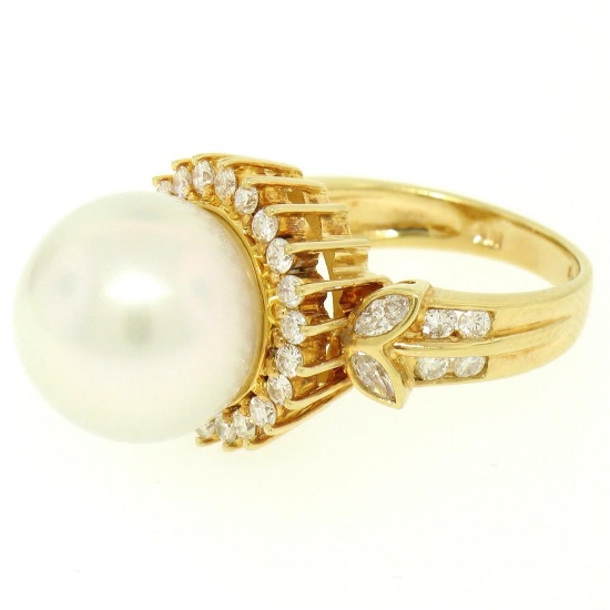 18K Yellow Gold  13.3mm South Sea Pearl Ring w/ Marquise & Round Diamonds