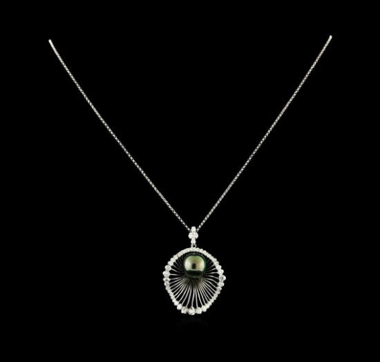 1.34 ctw Diamond and Pearl Pendant With Chain - 14KT White Gold