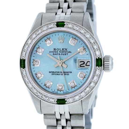 Rolex Ladies 26 Stainless Steel Sky Blue Diamond & Emerald Datejust Wristwatch