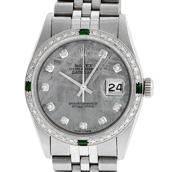 Rolex Mens Stainless Steel Meteorite Diamond And Emerald Datejust Wristwatch