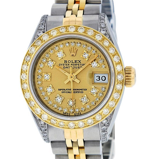 Rolex Ladies 2 Tone Champagne Diamond Lugs Datejust Wriswatch 26MM