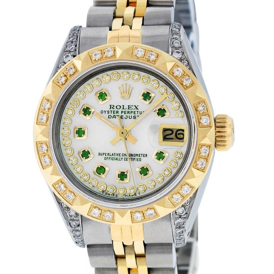 Rolex Ladies 2 Tone MOP Emerald & Pyramid Diamond Diamond Datejust Wriswatch