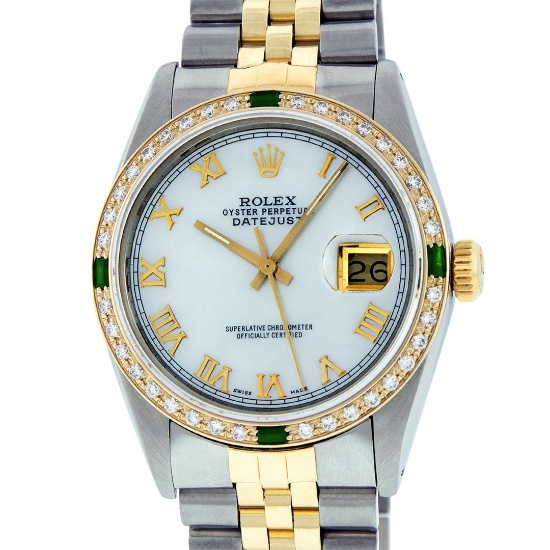 Rolex Mens 2 Tone Mother Of Pearl Diamond & Emerald 36MM Datejust Wristwatch