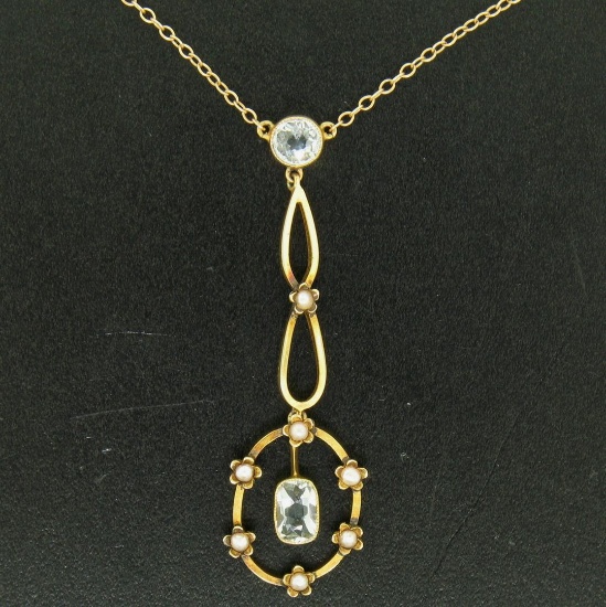 Antique Victorian 10k Yellow Gold Aquamarine Seed Pearl Dangle Pendant Necklace